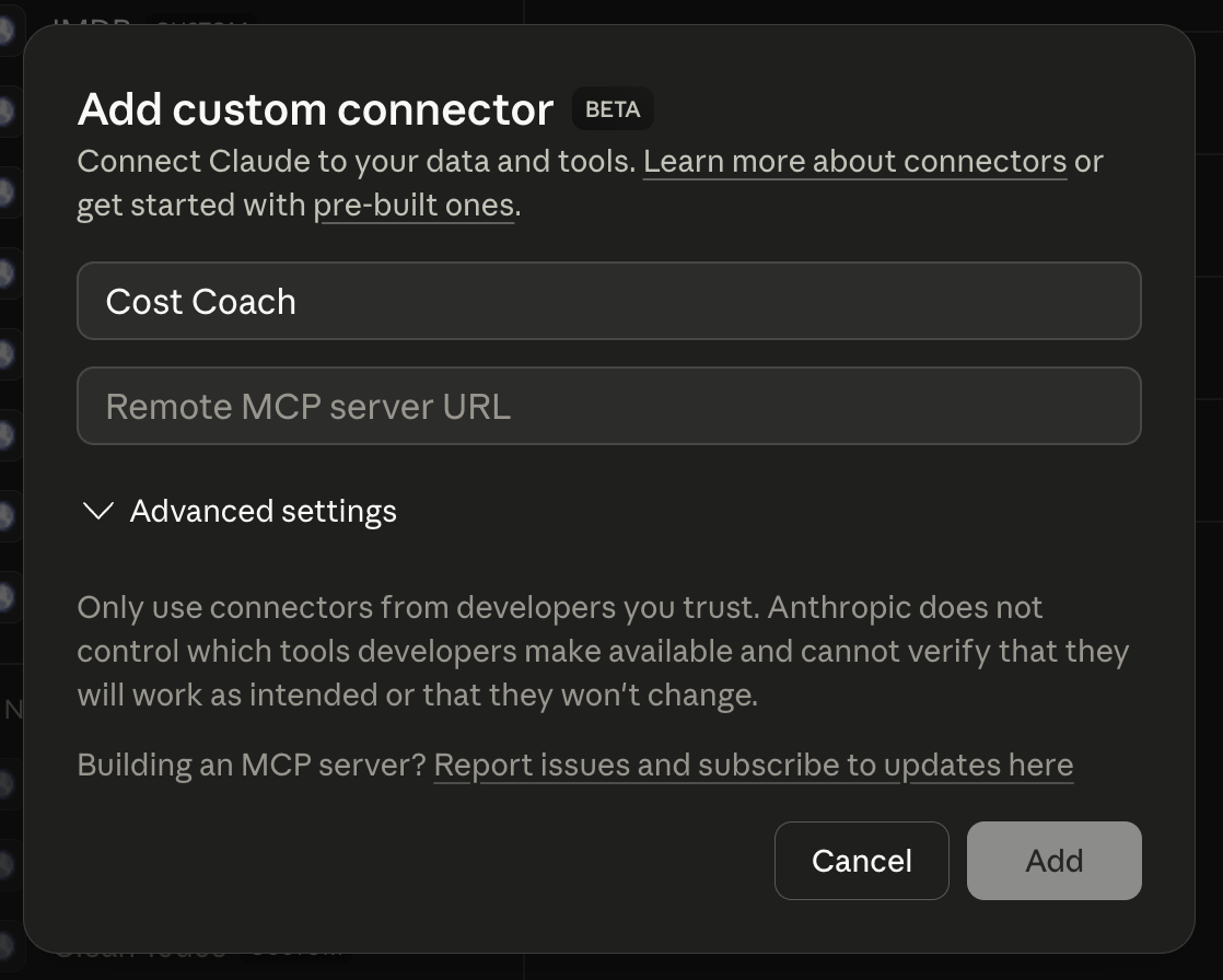 Claude Desktop "Add custom connector" dialog with Name and Remote MCP server URL fields