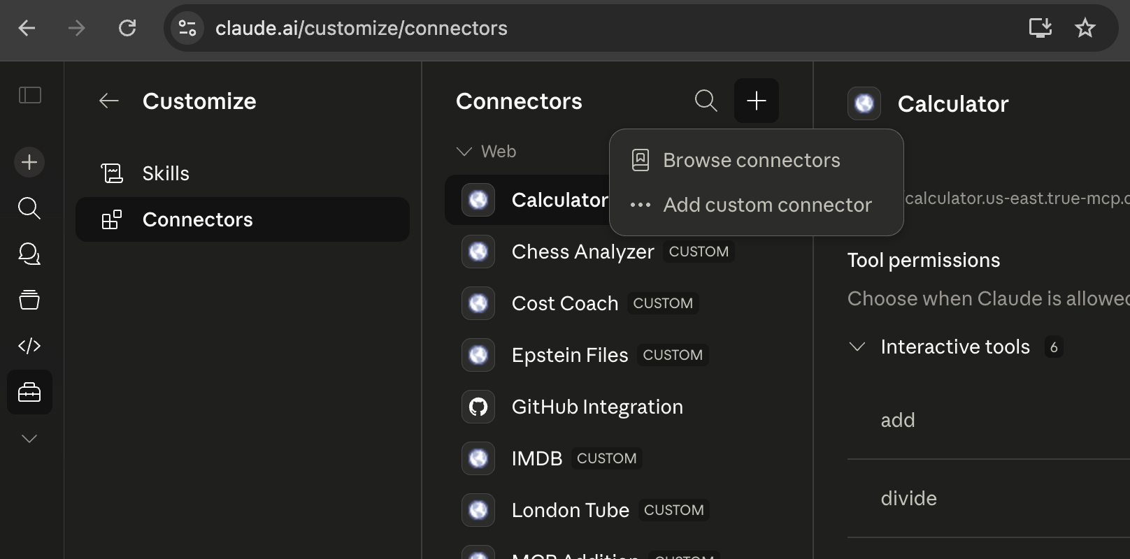 Claude Desktop Connectors page with the "+" menu expanded showing Browse connectors and Add custom connector options